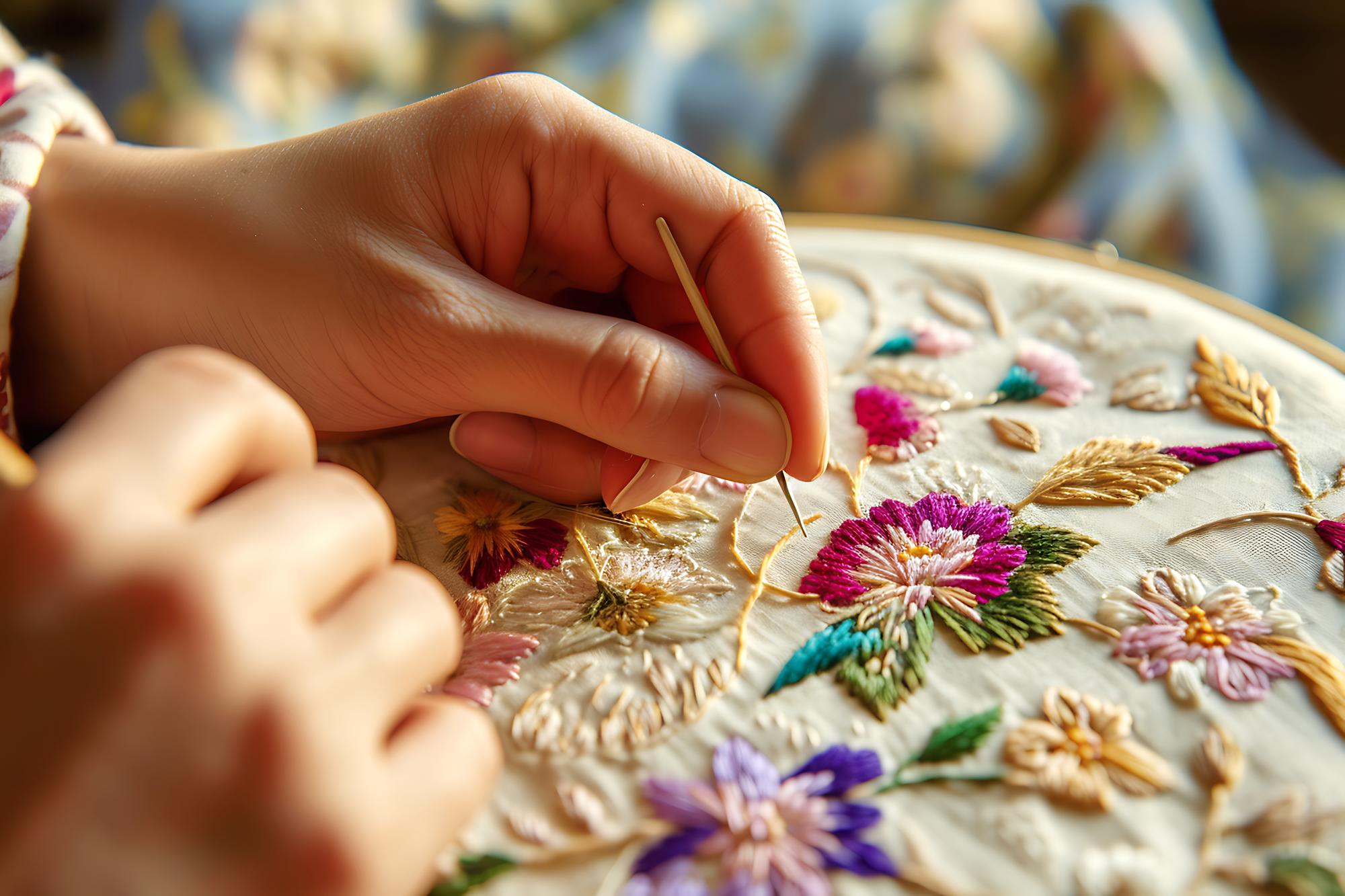 Artist stitching floral pattern in studio